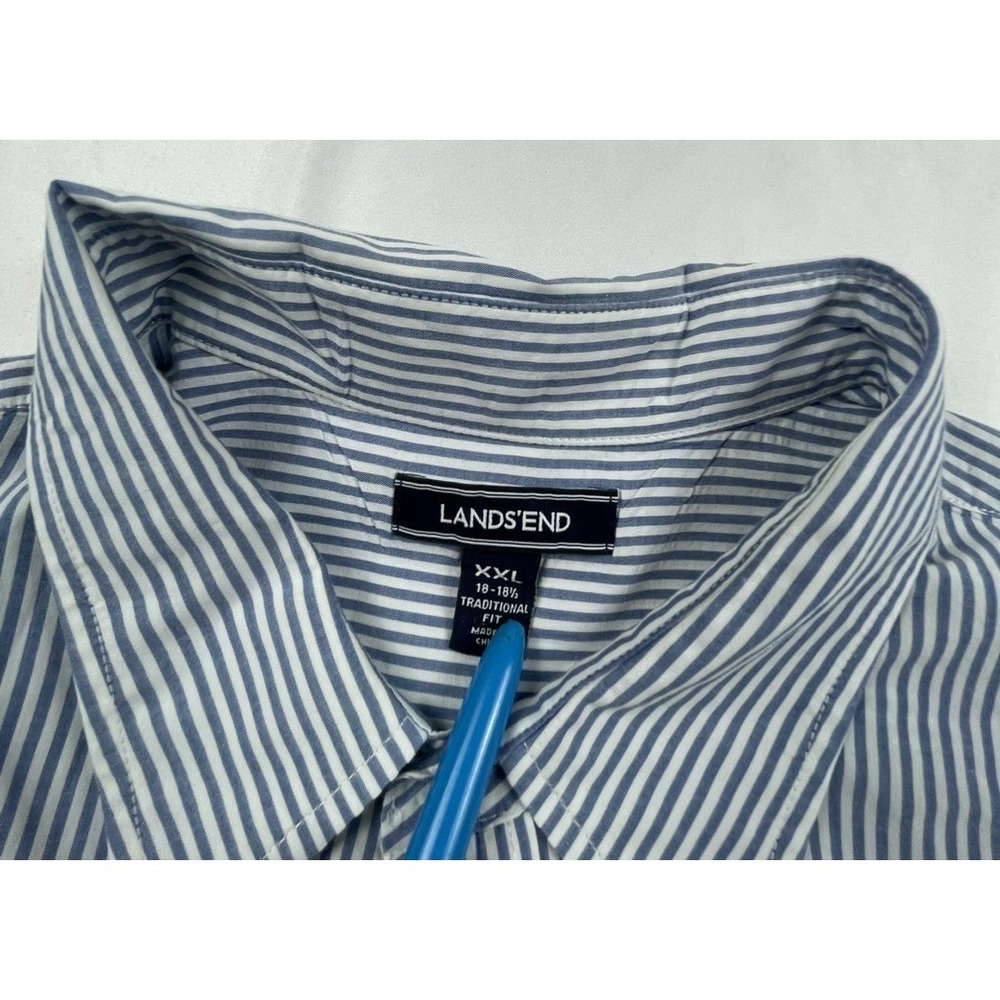 LANDS END MENS XXL 18-18.5 BLUE WHITE STRIPED SHORT SLEEVE BUTTON FRONT SHIRT - Picture 5 of 8